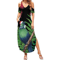 New Zealand Tui Bird Christmas Summer Maxi Dress Maori Fern Mix Pohotukawa LT14 Women Black - Polynesian Pride
