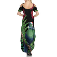New Zealand Tui Bird Christmas Summer Maxi Dress Maori Fern Mix Pohotukawa LT14 - Polynesian Pride