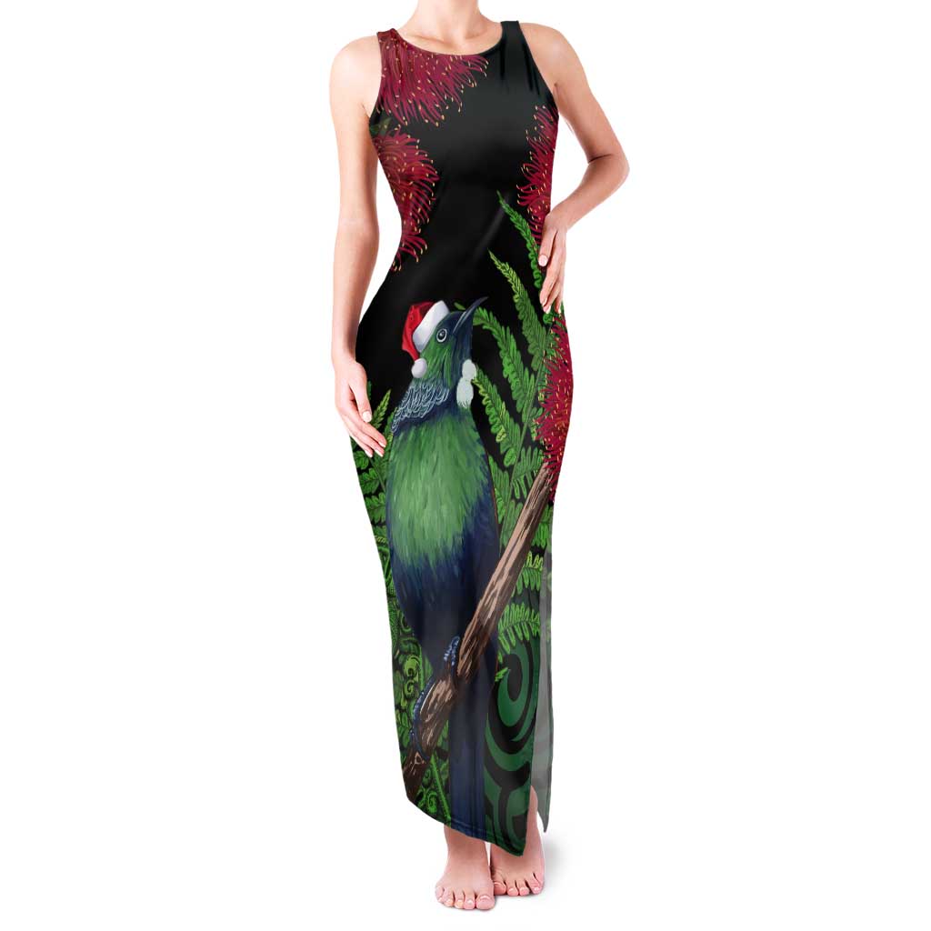New Zealand Tui Bird Christmas Tank Maxi Dress Maori Fern Mix Pohotukawa LT14 Women Black - Polynesian Pride