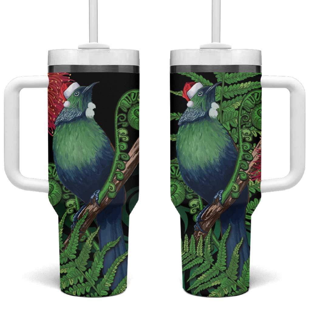 New Zealand Tui Bird Christmas Tumbler With Handle Maori Fern Mix Pohotukawa LT14 One Size: 40 oz Black - Polynesian Pride