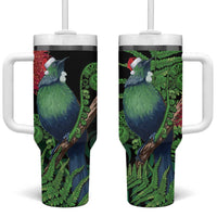 New Zealand Tui Bird Christmas Tumbler With Handle Maori Fern Mix Pohotukawa LT14 One Size: 40 oz Black - Polynesian Pride
