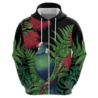 New Zealand Tui Bird Christmas Zip Hoodie Maori Fern Mix Pohotukawa LT14 - Polynesian Pride