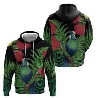 New Zealand Tui Bird Christmas Zip Hoodie Maori Fern Mix Pohotukawa LT14 - Polynesian Pride