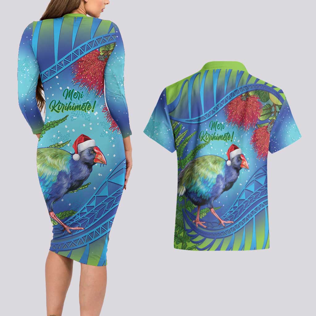 New Zealand Takahe Christmas Couples Matching Long Sleeve Bodycon Dress and Hawaiian Shirt Maori Fern Mix Pohotukawa LT14 - Polynesian Pride