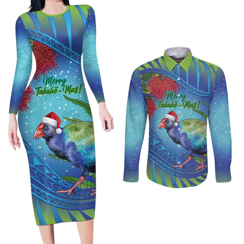 New Zealand Takahe Christmas Couples Matching Long Sleeve Bodycon Dress and Long Sleeve Button Shirt Maori Fern Mix Pohotukawa LT14 Blue - Polynesian Pride