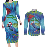New Zealand Takahe Christmas Couples Matching Long Sleeve Bodycon Dress and Long Sleeve Button Shirt Maori Fern Mix Pohotukawa LT14 Blue - Polynesian Pride