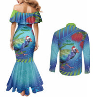 New Zealand Takahe Christmas Couples Matching Mermaid Dress and Long Sleeve Button Shirt Maori Fern Mix Pohotukawa LT14 - Polynesian Pride