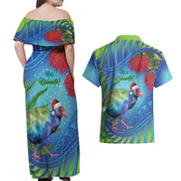 New Zealand Takahe Christmas Couples Matching Off Shoulder Maxi Dress and Hawaiian Shirt Maori Fern Mix Pohotukawa LT14 - Polynesian Pride