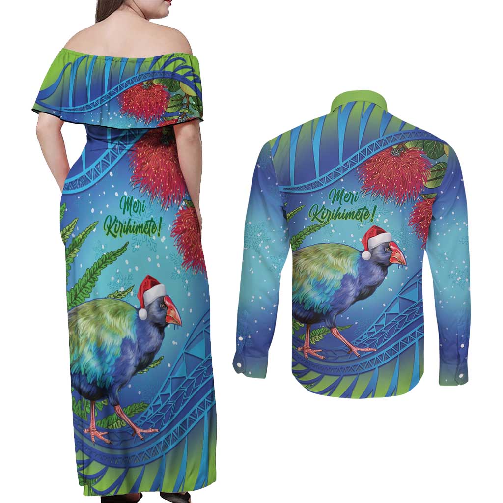 New Zealand Takahe Christmas Couples Matching Off Shoulder Maxi Dress and Long Sleeve Button Shirt Maori Fern Mix Pohotukawa LT14 - Polynesian Pride