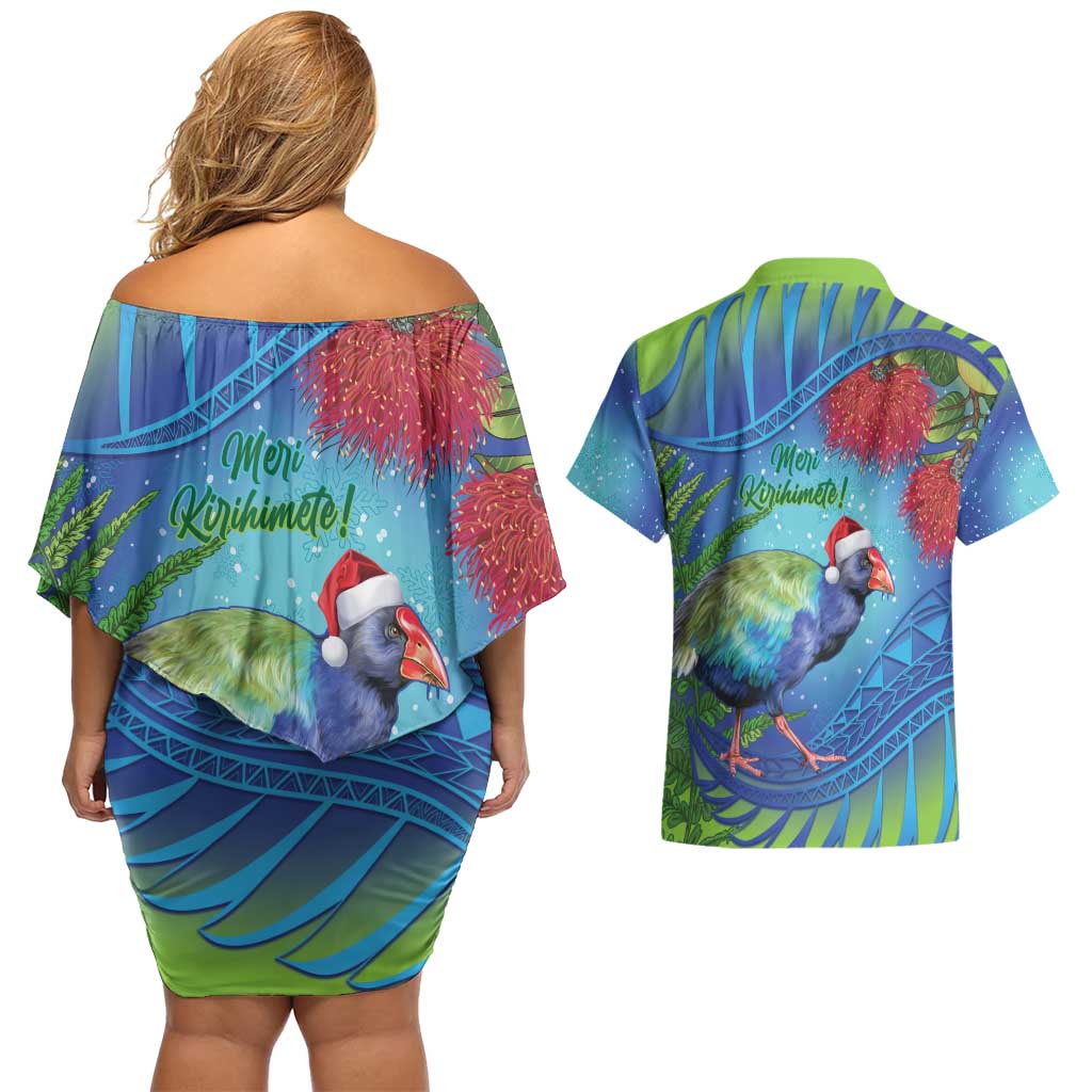 New Zealand Takahe Christmas Couples Matching Off Shoulder Short Dress and Hawaiian Shirt Maori Fern Mix Pohotukawa LT14 - Polynesian Pride