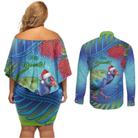 New Zealand Takahe Christmas Couples Matching Off Shoulder Short Dress and Long Sleeve Button Shirt Maori Fern Mix Pohotukawa LT14 - Polynesian Pride