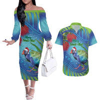 New Zealand Takahe Christmas Couples Matching Off The Shoulder Long Sleeve Dress and Hawaiian Shirt Maori Fern Mix Pohotukawa LT14 Blue - Polynesian Pride