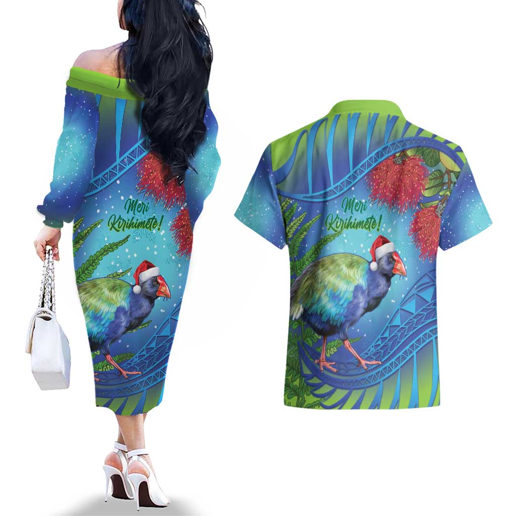 New Zealand Takahe Christmas Couples Matching Off The Shoulder Long Sleeve Dress and Hawaiian Shirt Maori Fern Mix Pohotukawa LT14 - Polynesian Pride