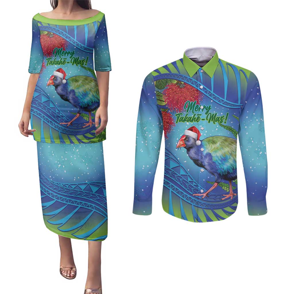 New Zealand Takahe Christmas Couples Matching Puletasi and Long Sleeve Button Shirt Maori Fern Mix Pohotukawa LT14 Blue - Polynesian Pride