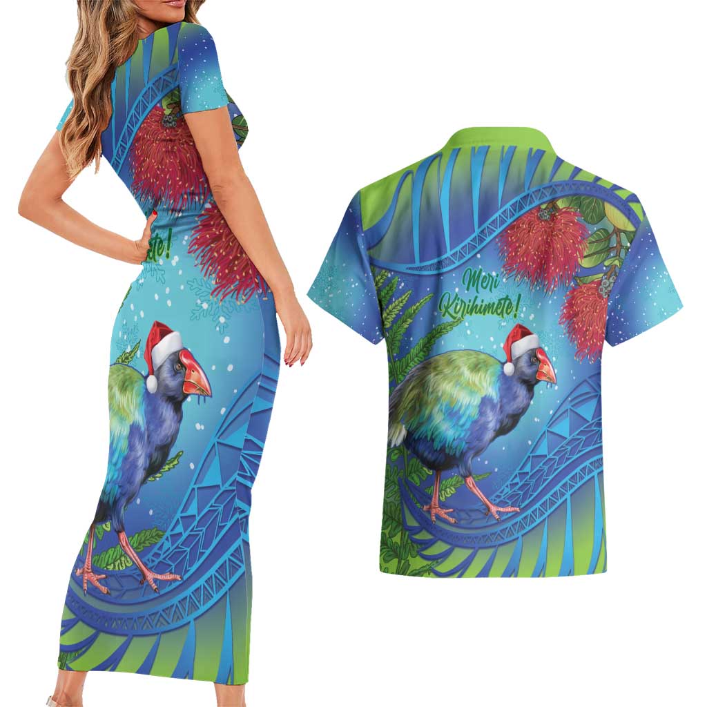 New Zealand Takahe Christmas Couples Matching Short Sleeve Bodycon Dress and Hawaiian Shirt Maori Fern Mix Pohotukawa LT14 - Polynesian Pride