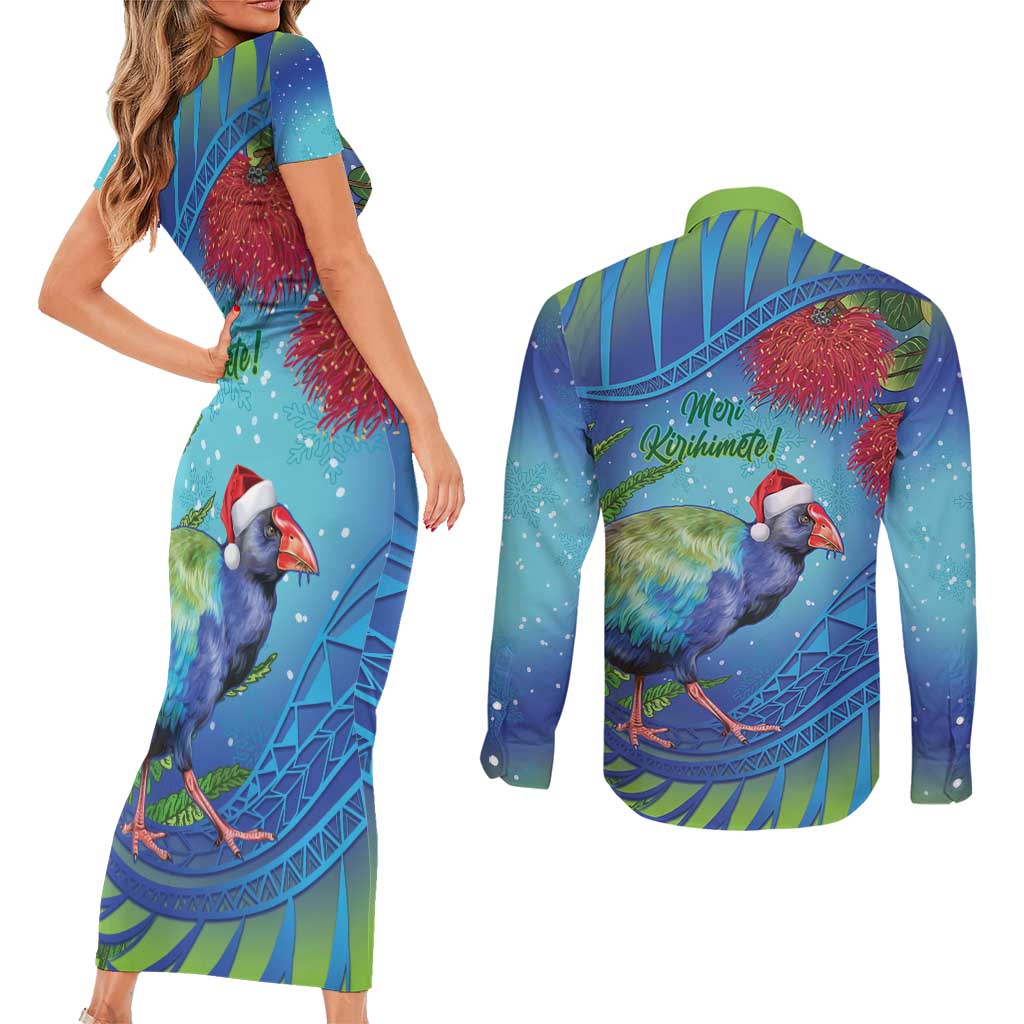 New Zealand Takahe Christmas Couples Matching Short Sleeve Bodycon Dress and Long Sleeve Button Shirt Maori Fern Mix Pohotukawa LT14 - Polynesian Pride