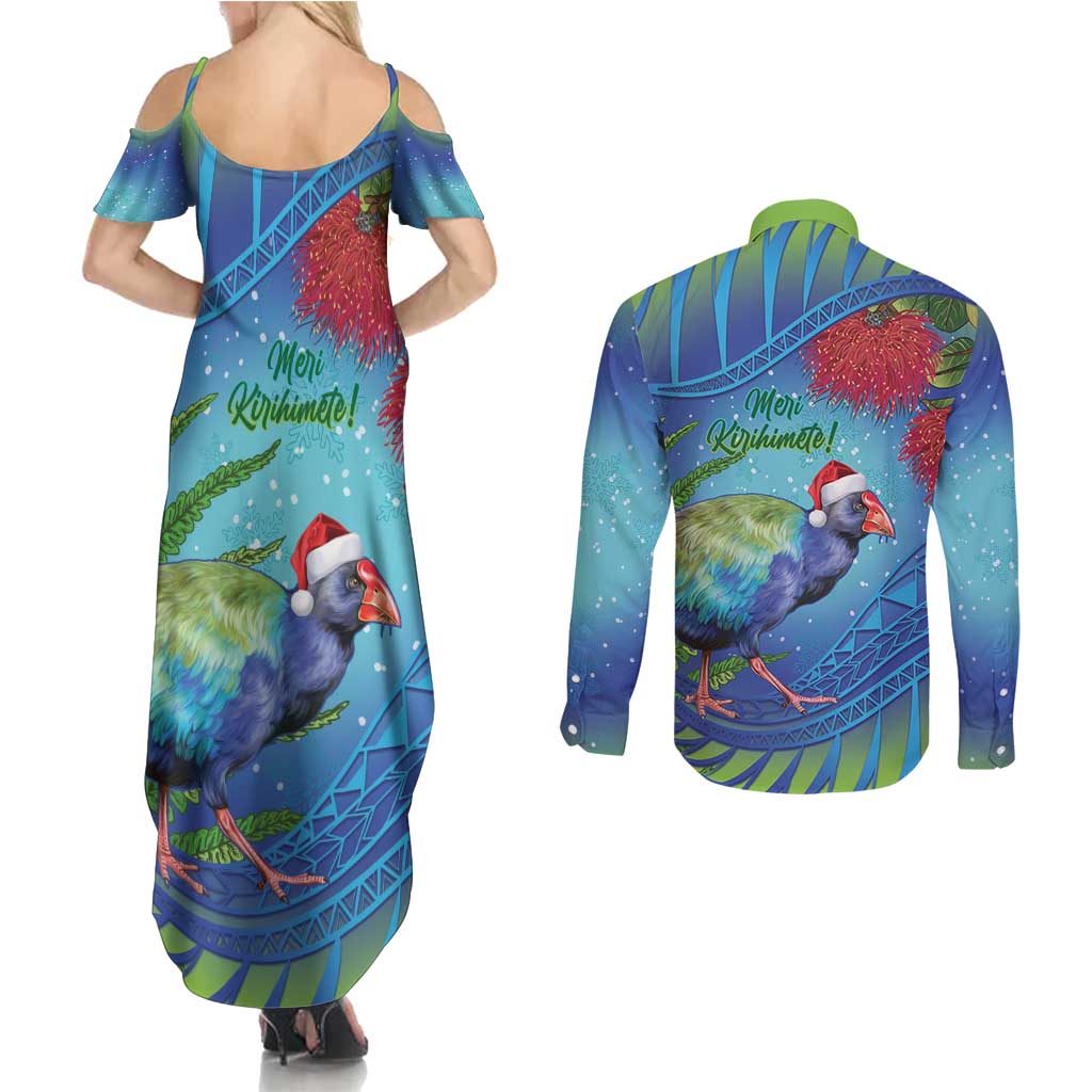 New Zealand Takahe Christmas Couples Matching Summer Maxi Dress and Long Sleeve Button Shirt Maori Fern Mix Pohotukawa LT14 - Polynesian Pride