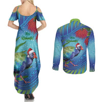 New Zealand Takahe Christmas Couples Matching Summer Maxi Dress and Long Sleeve Button Shirt Maori Fern Mix Pohotukawa LT14 - Polynesian Pride