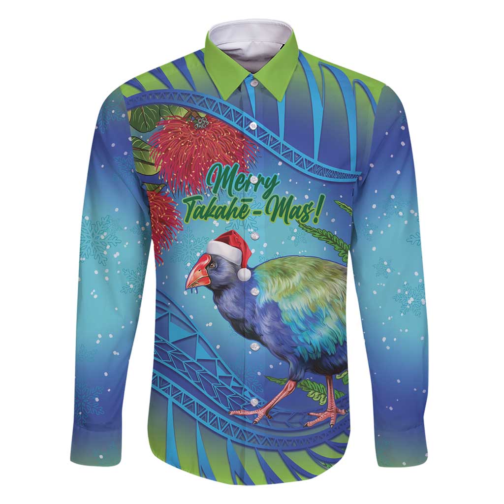 New Zealand Takahe Christmas Family Matching Long Sleeve Bodycon Dress and Hawaiian Shirt Maori Fern Mix Pohotukawa LT14 Dad's Shirt - Long Sleeve Blue - Polynesian Pride