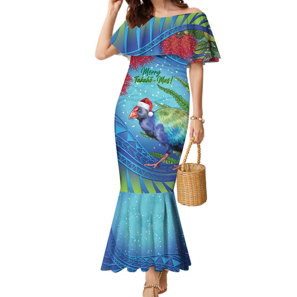 New Zealand Takahe Christmas Family Matching Mermaid Dress and Hawaiian Shirt Maori Fern Mix Pohotukawa LT14 Mom's Dress Blue - Polynesian Pride