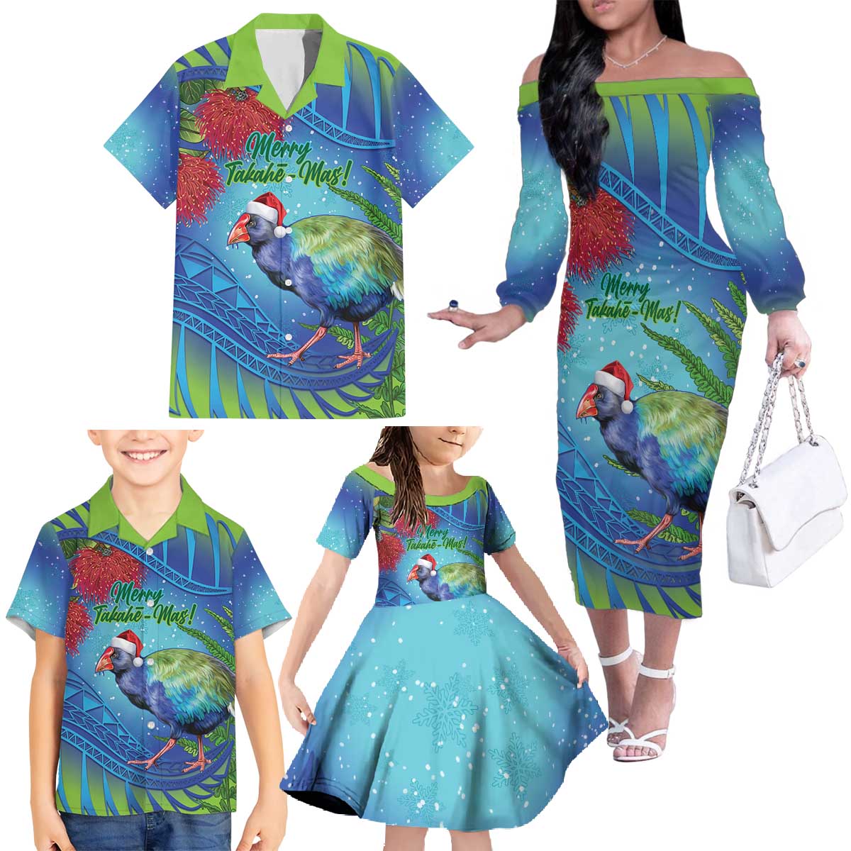 New Zealand Takahe Christmas Family Matching Off The Shoulder Long Sleeve Dress and Hawaiian Shirt Maori Fern Mix Pohotukawa LT14 - Polynesian Pride