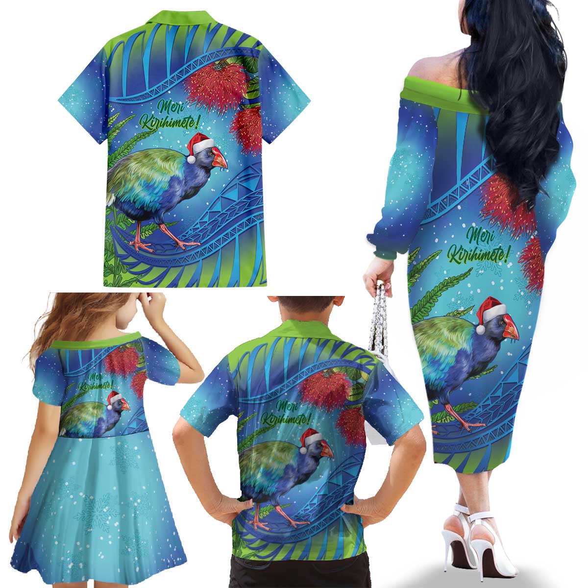 New Zealand Takahe Christmas Family Matching Off The Shoulder Long Sleeve Dress and Hawaiian Shirt Maori Fern Mix Pohotukawa LT14 - Polynesian Pride
