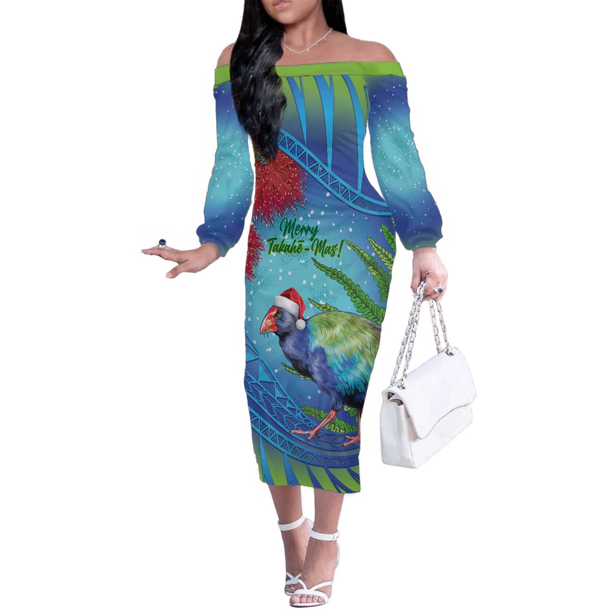 New Zealand Takahe Christmas Family Matching Off The Shoulder Long Sleeve Dress and Hawaiian Shirt Maori Fern Mix Pohotukawa LT14 Mom's Dress Blue - Polynesian Pride
