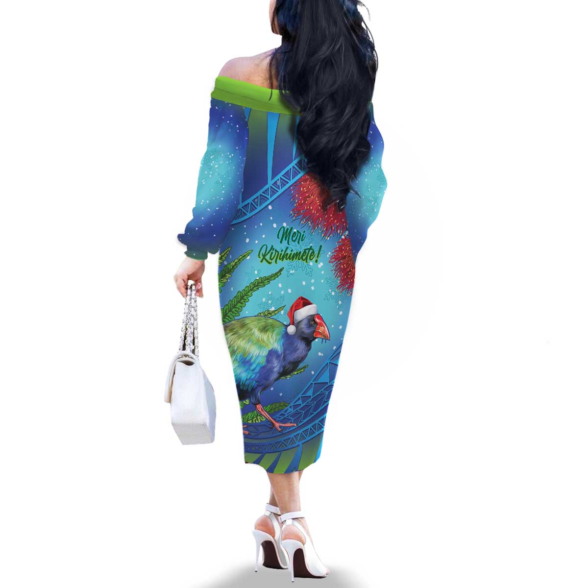 New Zealand Takahe Christmas Family Matching Off The Shoulder Long Sleeve Dress and Hawaiian Shirt Maori Fern Mix Pohotukawa LT14 - Polynesian Pride