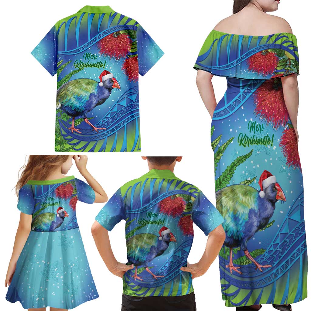 New Zealand Takahe Christmas Family Matching Off Shoulder Maxi Dress and Hawaiian Shirt Maori Fern Mix Pohotukawa LT14 - Polynesian Pride
