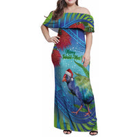 New Zealand Takahe Christmas Family Matching Off Shoulder Maxi Dress and Hawaiian Shirt Maori Fern Mix Pohotukawa LT14 Mom's Dress Blue - Polynesian Pride