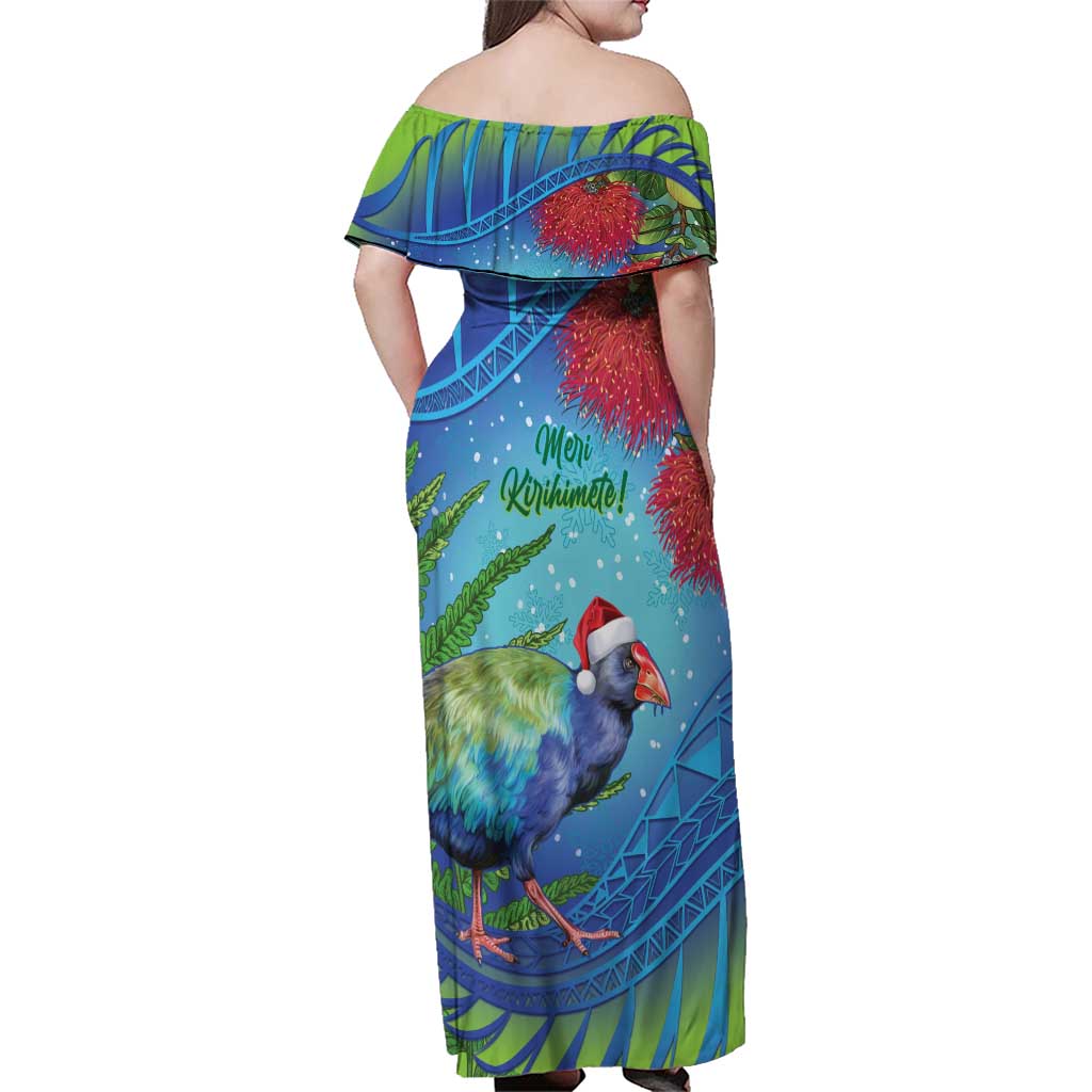 New Zealand Takahe Christmas Family Matching Off Shoulder Maxi Dress and Hawaiian Shirt Maori Fern Mix Pohotukawa LT14 - Polynesian Pride