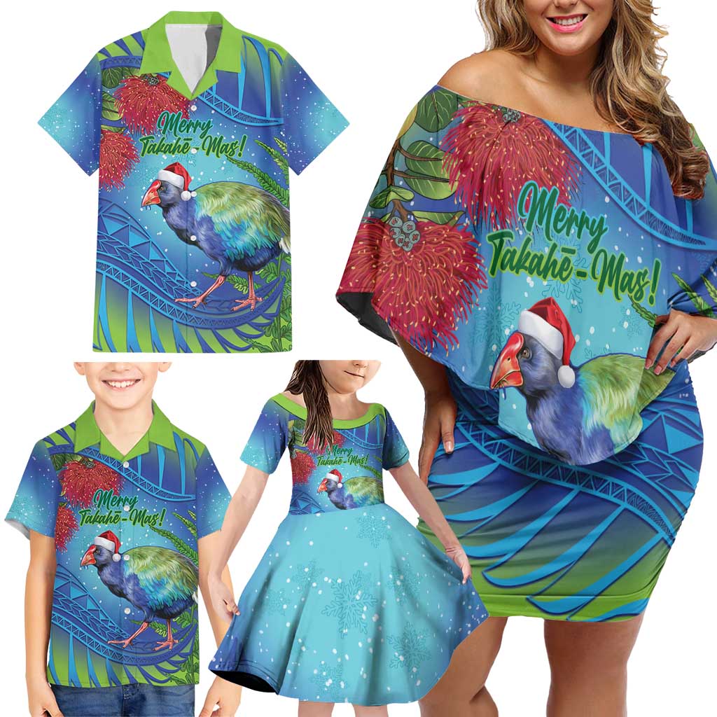New Zealand Takahe Christmas Family Matching Off Shoulder Short Dress and Hawaiian Shirt Maori Fern Mix Pohotukawa LT14 - Polynesian Pride