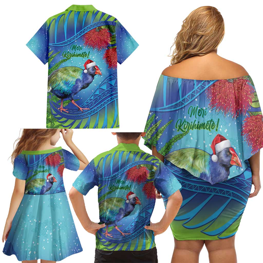 New Zealand Takahe Christmas Family Matching Off Shoulder Short Dress and Hawaiian Shirt Maori Fern Mix Pohotukawa LT14 - Polynesian Pride