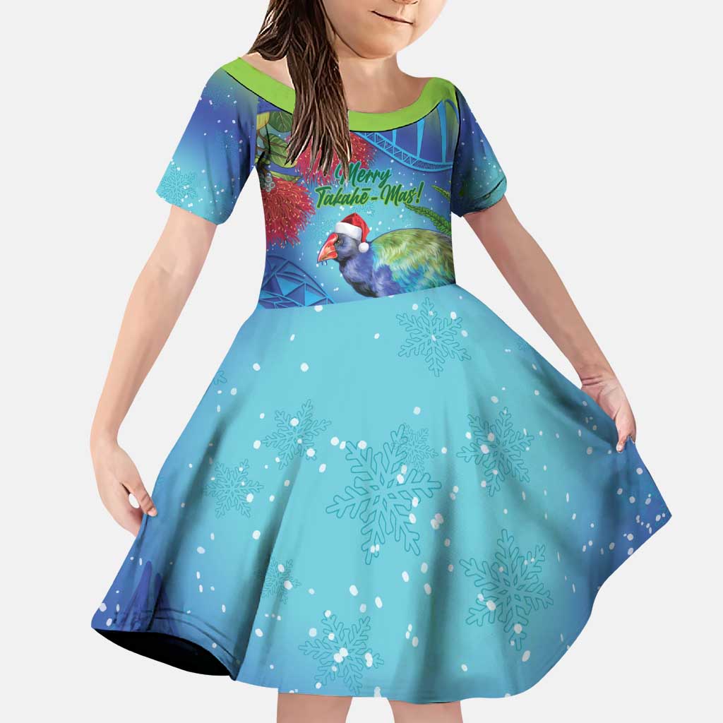 New Zealand Takahe Christmas Family Matching Puletasi and Hawaiian Shirt Maori Fern Mix Pohotukawa LT14 Daughter's Dress Blue - Polynesian Pride