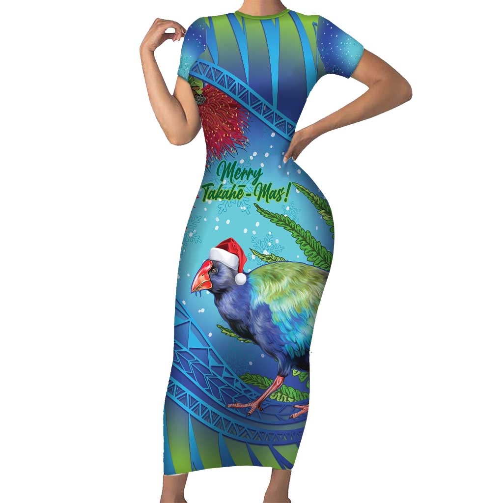 New Zealand Takahe Christmas Family Matching Short Sleeve Bodycon Dress and Hawaiian Shirt Maori Fern Mix Pohotukawa LT14 Mom's Dress Blue - Polynesian Pride