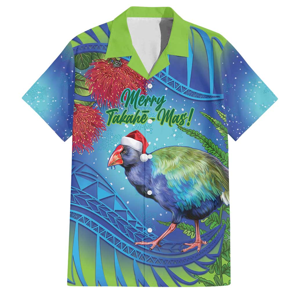 New Zealand Takahe Christmas Family Matching Tank Maxi Dress and Hawaiian Shirt Maori Fern Mix Pohotukawa LT14 Dad's Shirt - Short Sleeve Blue - Polynesian Pride