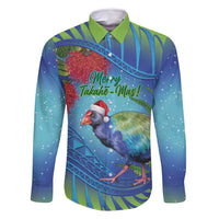 New Zealand Takahe Christmas Family Matching Tank Maxi Dress and Hawaiian Shirt Maori Fern Mix Pohotukawa LT14 Dad's Shirt - Long Sleeve Blue - Polynesian Pride