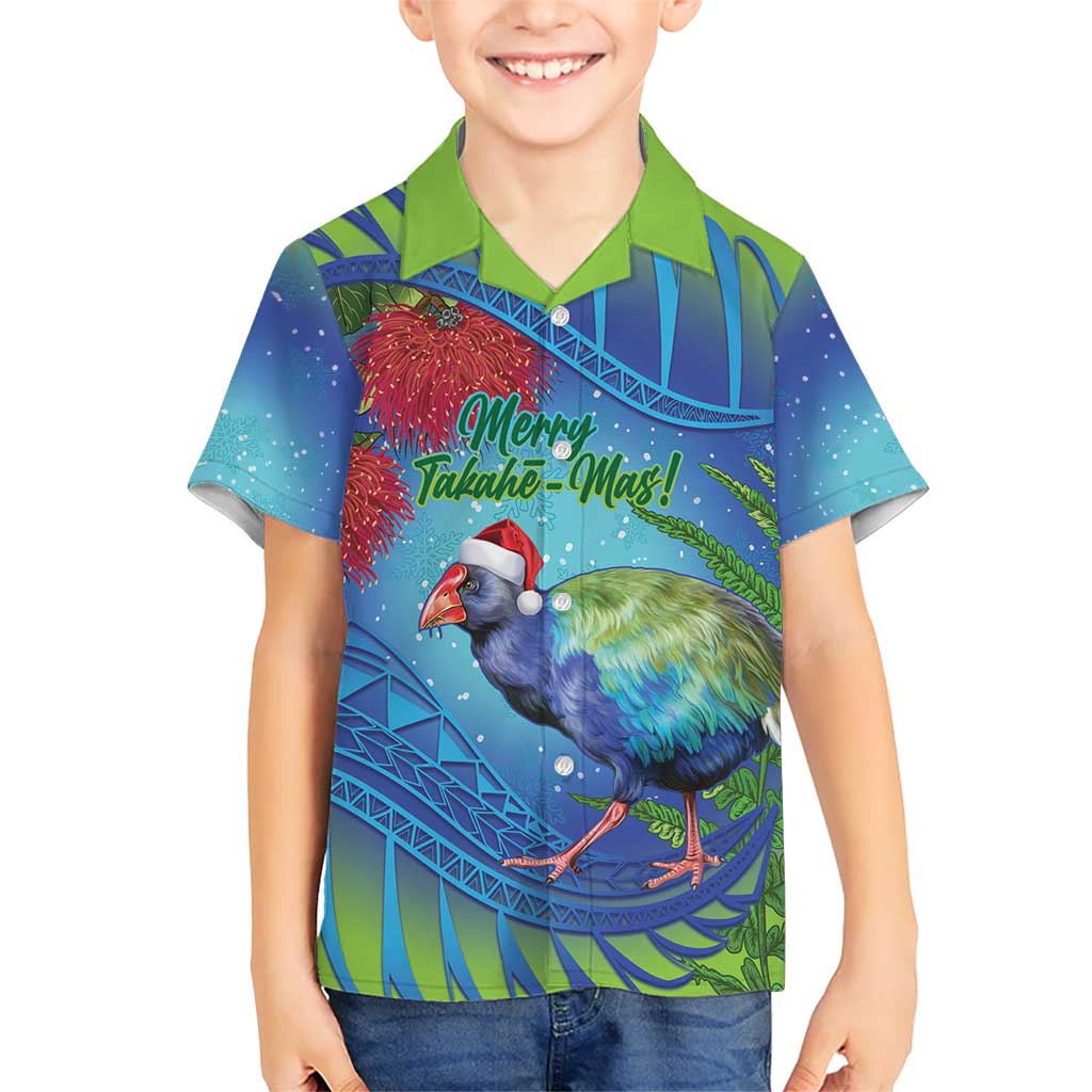 New Zealand Takahe Christmas Kid Hawaiian Shirt Maori Fern Mix Pohotukawa LT14 Kid Blue - Polynesian Pride