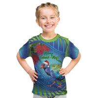 New Zealand Takahe Christmas Kid T Shirt Maori Fern Mix Pohotukawa LT14 Blue - Polynesian Pride