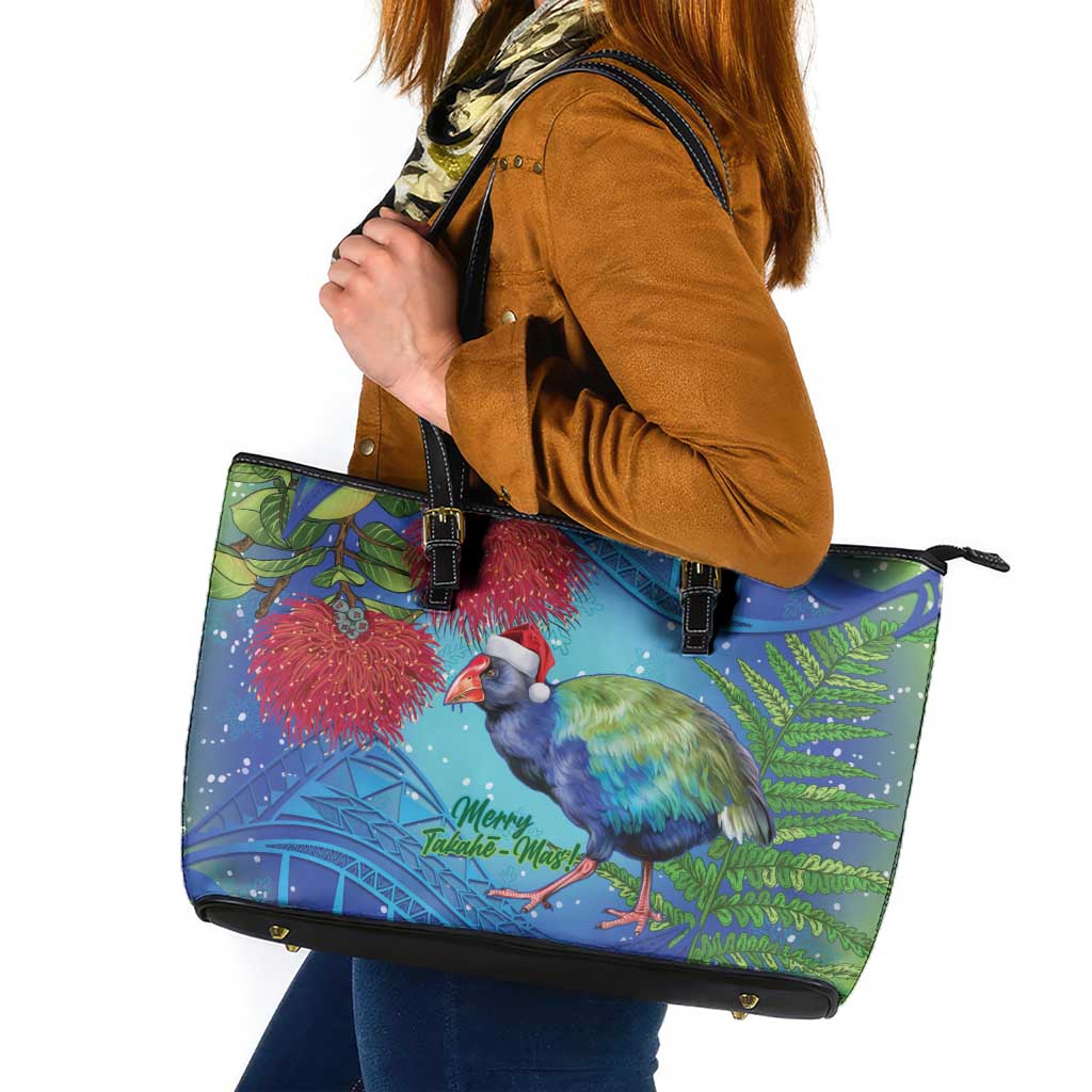 New Zealand Takahe Christmas Leather Tote Bag Maori Fern Mix Pohotukawa LT14 Blue - Polynesian Pride