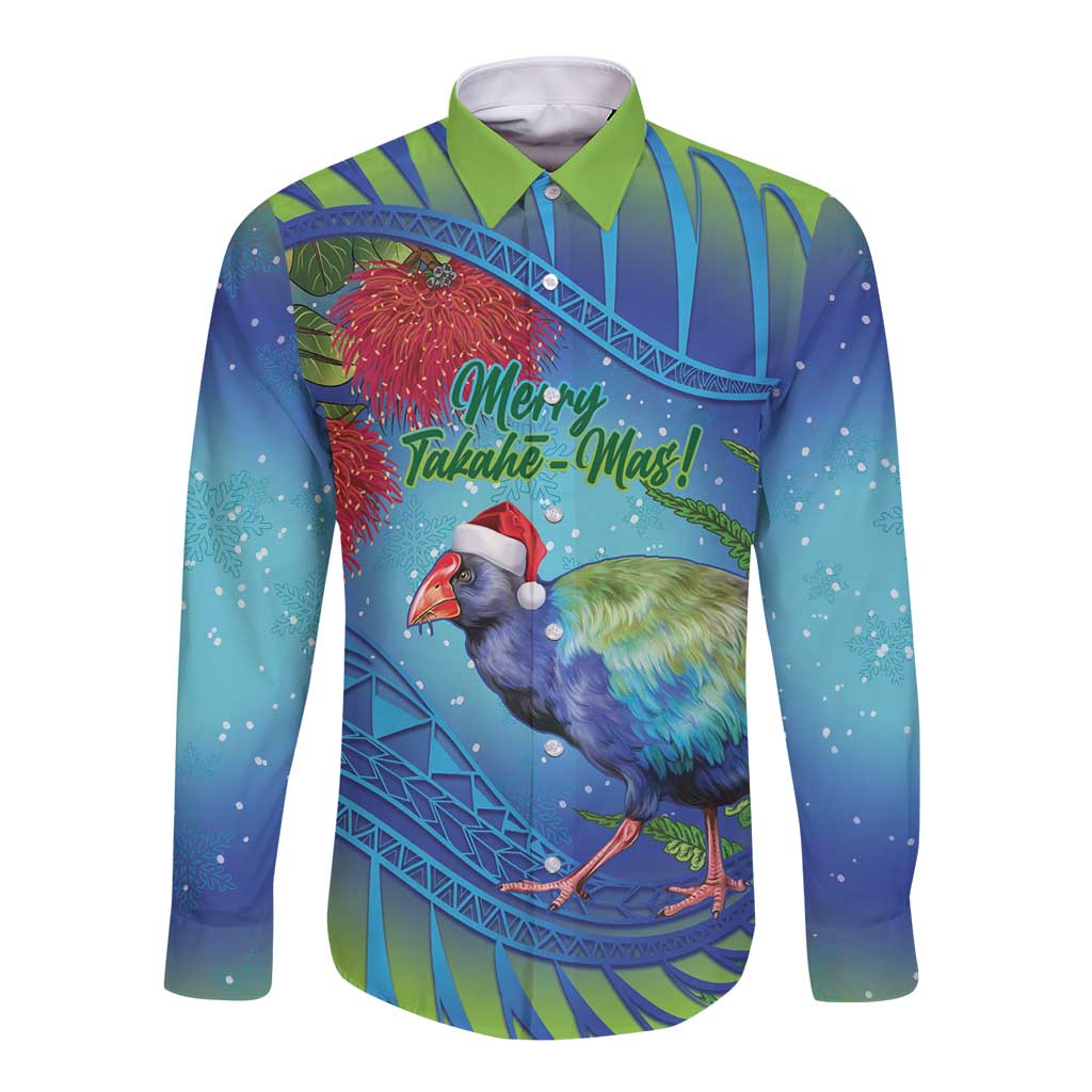 New Zealand Takahe Christmas Long Sleeve Button Shirt Maori Fern Mix Pohotukawa LT14 Unisex Blue - Polynesian Pride