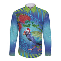 New Zealand Takahe Christmas Long Sleeve Button Shirt Maori Fern Mix Pohotukawa LT14 Unisex Blue - Polynesian Pride