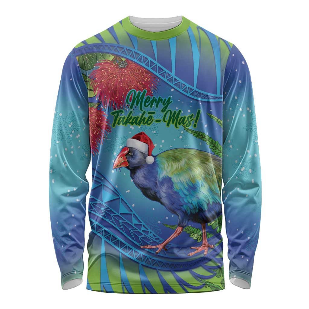 New Zealand Takahe Christmas Long Sleeve Shirt Maori Fern Mix Pohotukawa LT14 Unisex Blue - Polynesian Pride