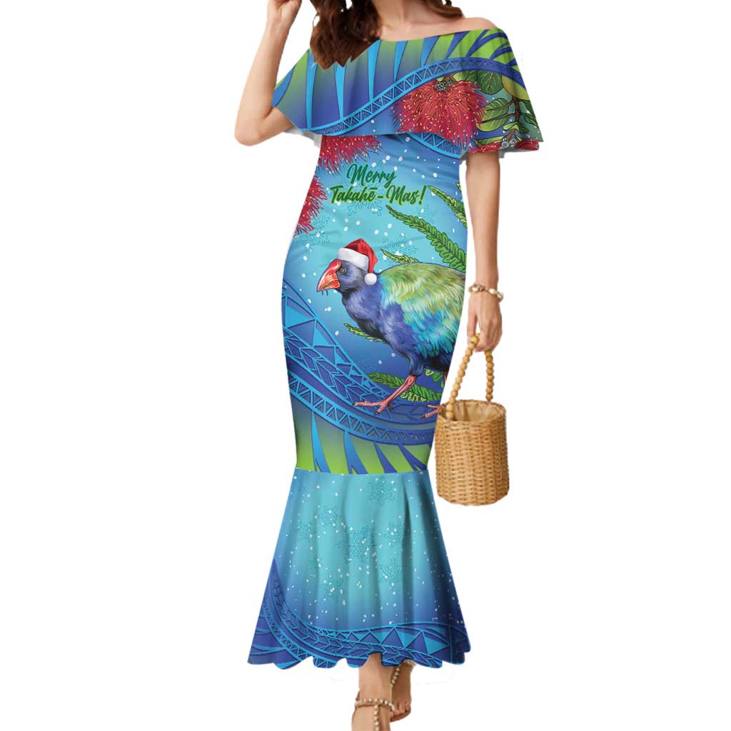 New Zealand Takahe Christmas Mermaid Dress Maori Fern Mix Pohotukawa LT14 Women Blue - Polynesian Pride
