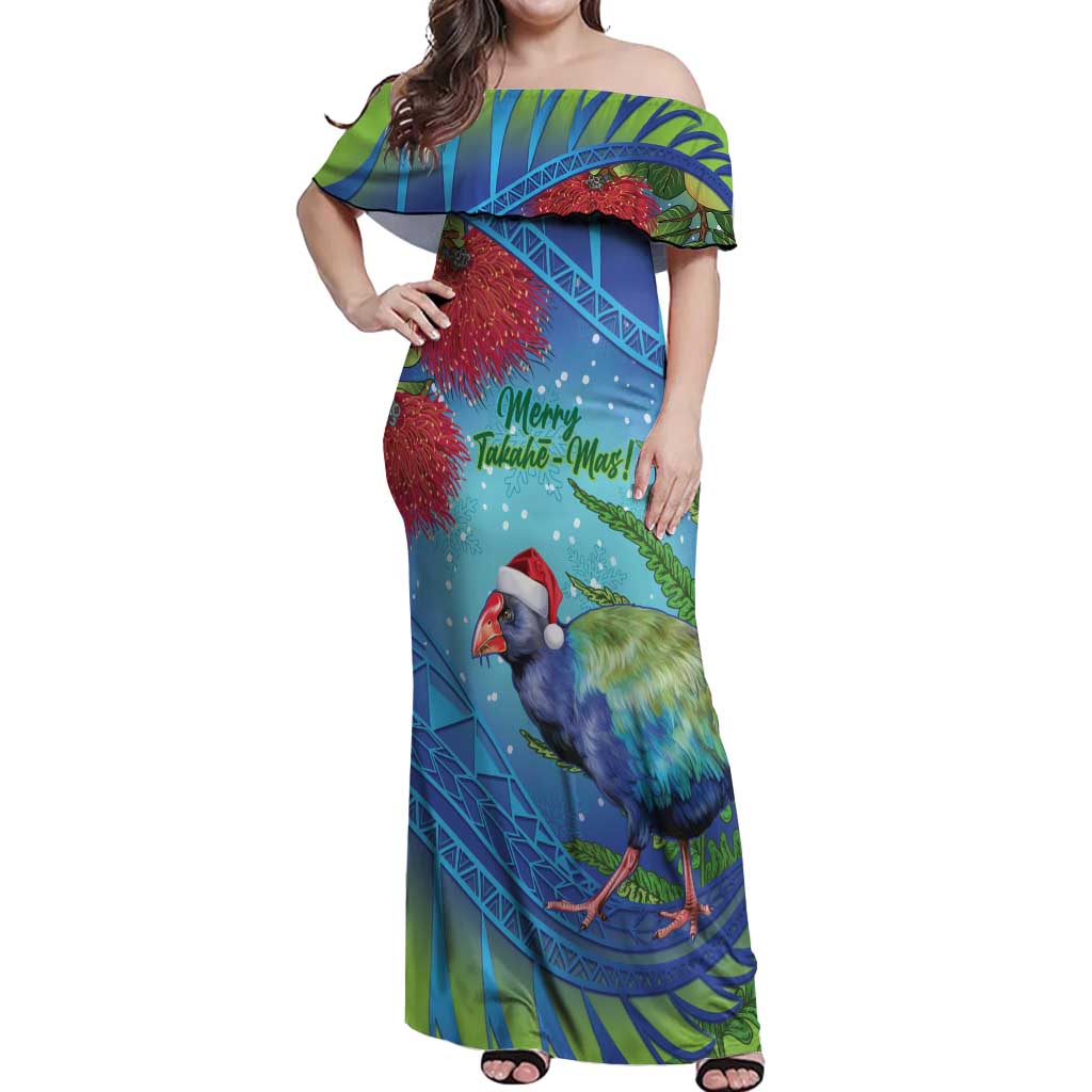 New Zealand Takahe Christmas Off Shoulder Maxi Dress Maori Fern Mix Pohotukawa LT14 Women Blue - Polynesian Pride