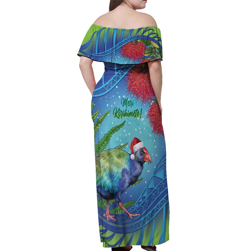 New Zealand Takahe Christmas Off Shoulder Maxi Dress Maori Fern Mix Pohotukawa LT14 - Polynesian Pride