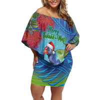 New Zealand Takahe Christmas Off Shoulder Short Dress Maori Fern Mix Pohotukawa LT14 Women Blue - Polynesian Pride