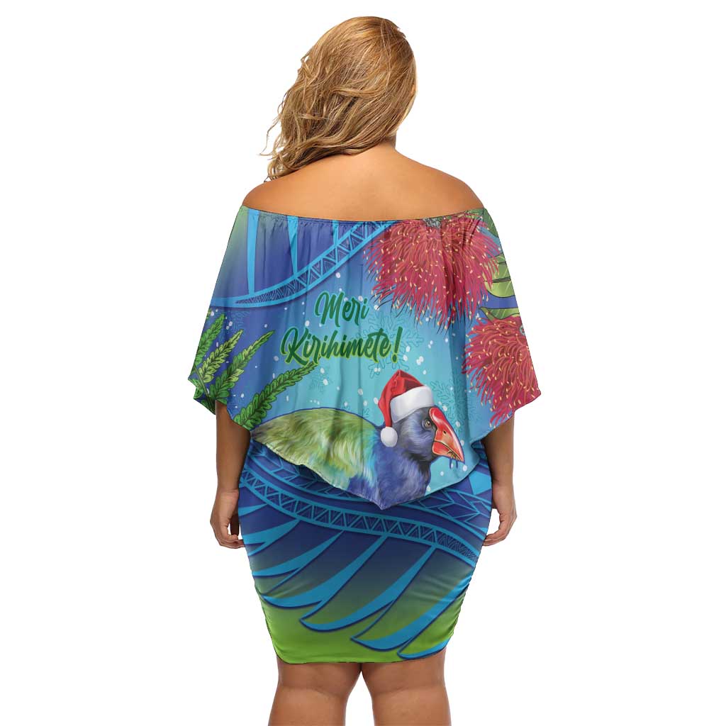New Zealand Takahe Christmas Off Shoulder Short Dress Maori Fern Mix Pohotukawa LT14 - Polynesian Pride