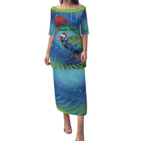New Zealand Takahe Christmas Puletasi Maori Fern Mix Pohotukawa LT14 Long Dress Blue - Polynesian Pride
