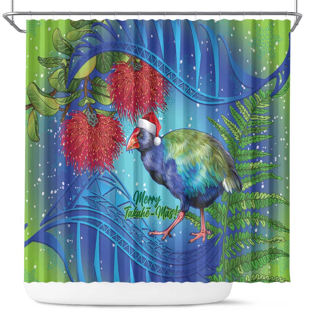 New Zealand Takahe Christmas Shower Curtain Maori Fern Mix Pohotukawa LT14 Blue - Polynesian Pride